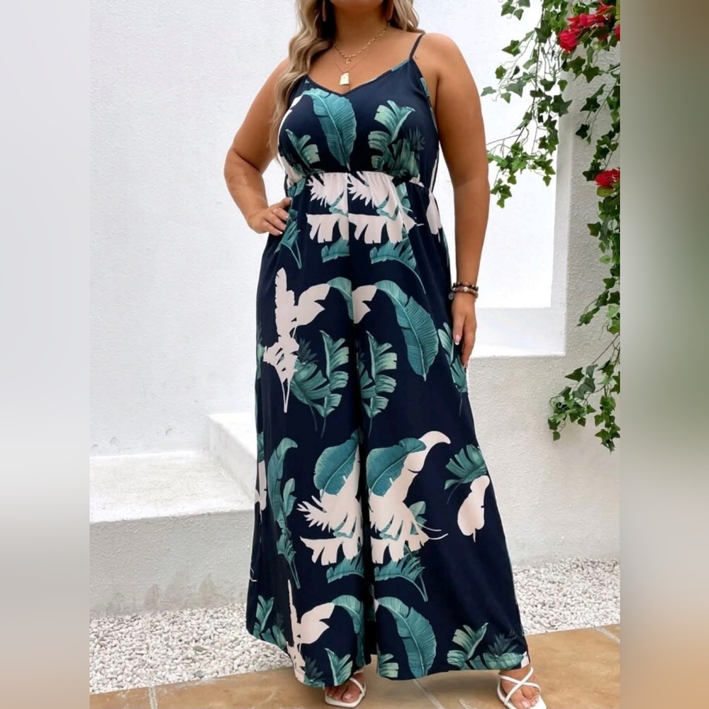 SHEIN Blue and Green Tropical Print Jumpsuit